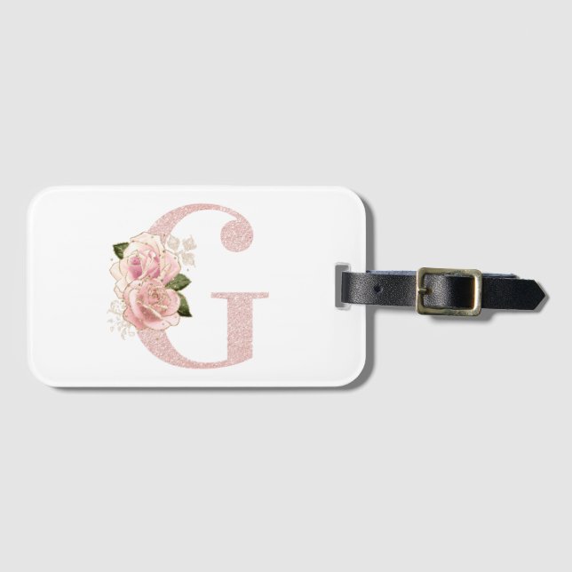 Flickig blek rosa guld glitter blommig monogram G Bagagebricka (Framsida horisontal)