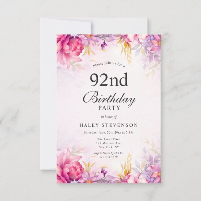 Flickig Blommig Pastell Akvarell Chic 92-årsdag Inbjudningar (Framsida)