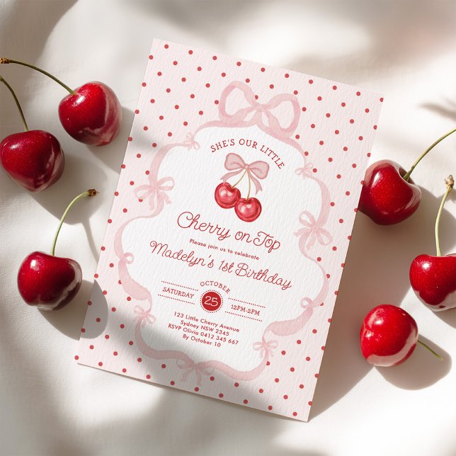 Flickig Cherry Första Födelsedagsfest Inbjudningar (Skapare uppladdad)
