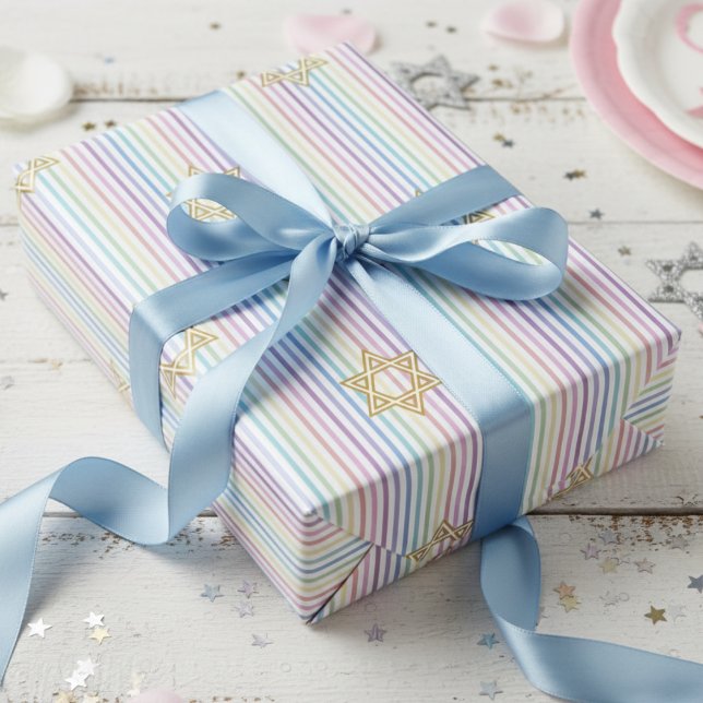 Flickig Davidstjärna regnbågsränder Presentpapper (Girly Jewish Wrapping Paper for Her. Elegant Minimalist Rainbow Stripes Pattern to say Mazel Tov )