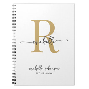 Flickig Elegant Vit Guld Kokbok Recept Monogram Anteckningsbok