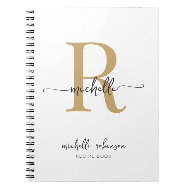 Flickig Elegant Vit Guld Kokbok Recept Monogram Anteckningsbok (Framsidan)
