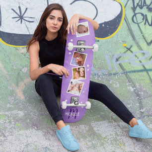 Flickig familjefotokollage i lila mini skateboard bräda 18,5 cm