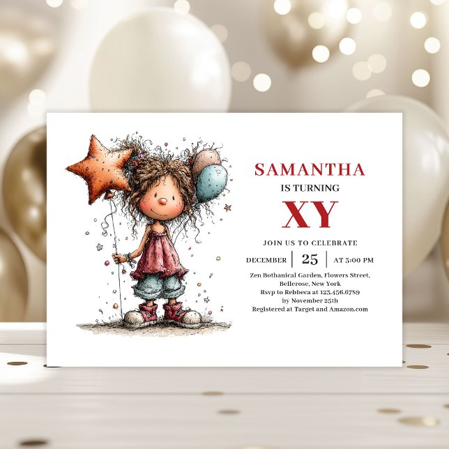 Flickig födelsedagsinbjudan med funky stil inbjudningar (Quirky Girl Birthday Funky invitation)