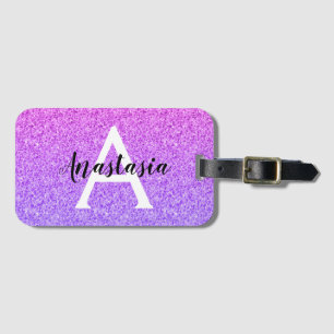 Flickig Glamour Ombré Lila Glitter Gnistrar Monogr Bagagebricka