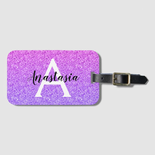 Flickig Glamour Ombré Lila Glitter Gnistrar Monogr Bagagebricka (Framsida horisontal)