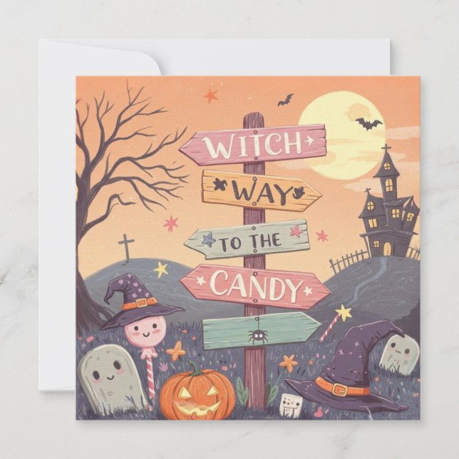 Flickig Halloween - Häxväg till godiset Julkort (Framsida)