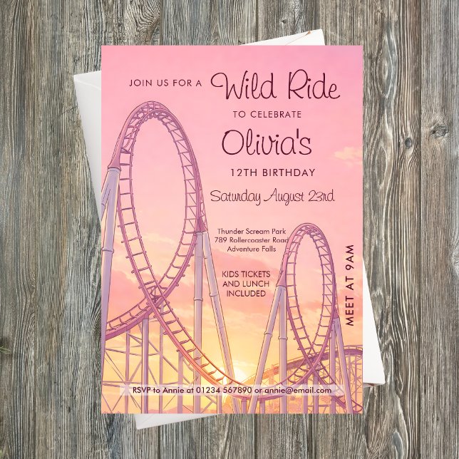 Flickig inbjudan till födelsedagsfest med rosa ber (Pink Rollercoaster Girls Birthday Party Invitation)