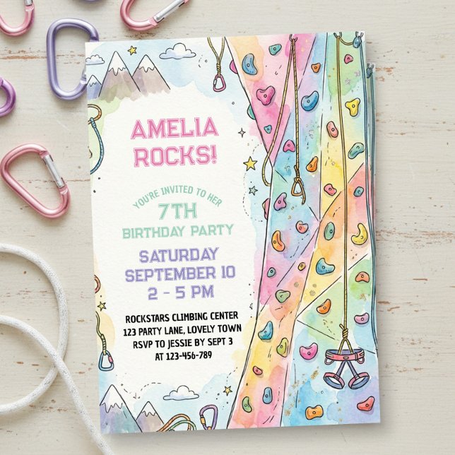 Flickig Klippning Födelsedag På Berg Inbjudningar (Girls rock Climbing birthday invitation for kids and tweens by Darling & May)