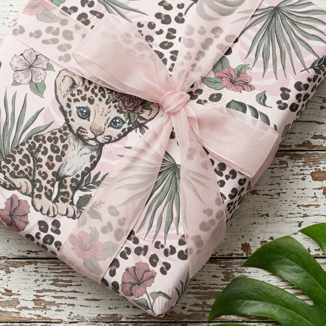 Flickig Leopard Rosa Safari Barn Djungel Mönster Presentpapper (Girly Baby Leopard Cub Animal Print Pink Wrapping Paper Kids Jungle Safari Theme Girl Birthday Party)