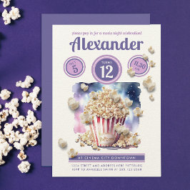 Flickig lila popcorn bio natt film vattenfärg inbjudningar