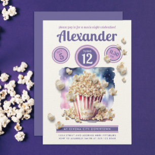 Flickig lila popcorn bio natt film vattenfärg inbjudningar