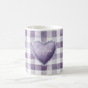 Flickig lila vit rutig randig hjärta namn kaffemugg