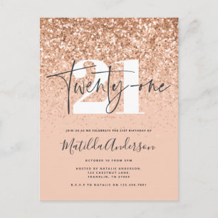 Flickig modern peach glitter typografi 21 födelsed vykort