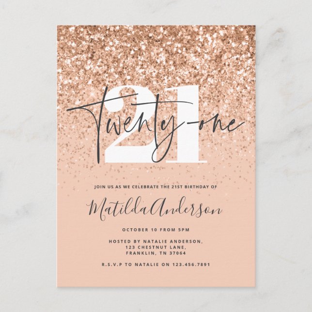 Flickig modern peach glitter typografi 21 födelsed vykort (Framsida)
