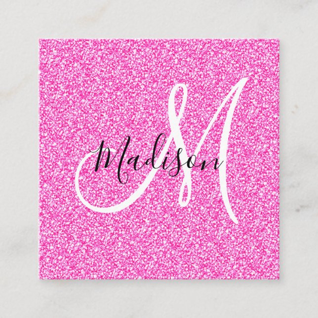 Flickig och Glamourös Hot Pink Glitter Gnistrar Mo Fyrkantigt Visitkort (Framsida)