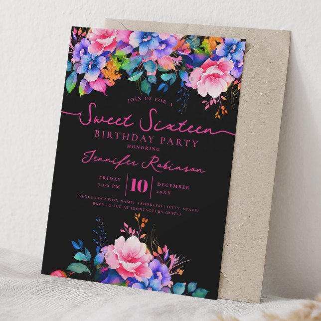 Flickig regnbåge blommig Sweet 16 födelsedag svart Inbjudningar (Girly Rainbow Floral Sweet 16 Birthday Black Invitation)