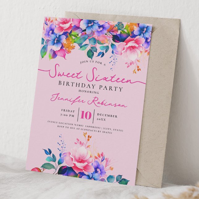 Flickig regnbåge blommig Sweet 16 födelsedagsfest  Inbjudningar (Skapare uppladdad)