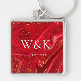 Flickig röd glittermonogram initial bröllopspar  fyrkantig silverfärgad nyckelring