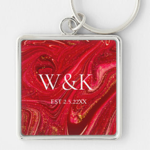 Flickig röd glittermonogram initial bröllopspar fyrkantig silverfärgad nyckelring