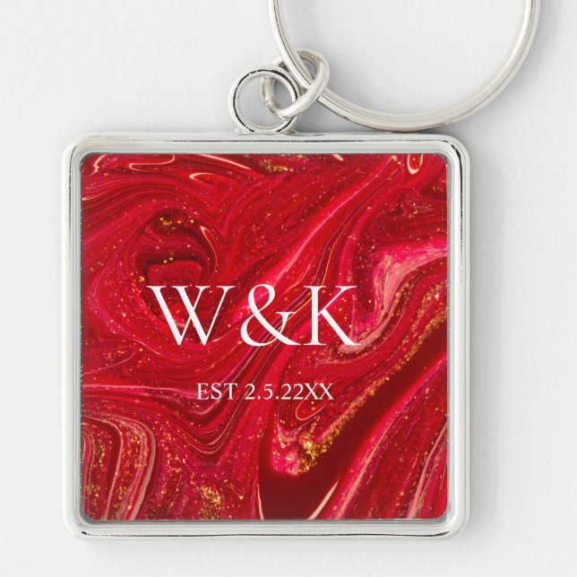 Flickig röd glittermonogram initial bröllopspar  fyrkantig silverfärgad nyckelring (Framsidan)