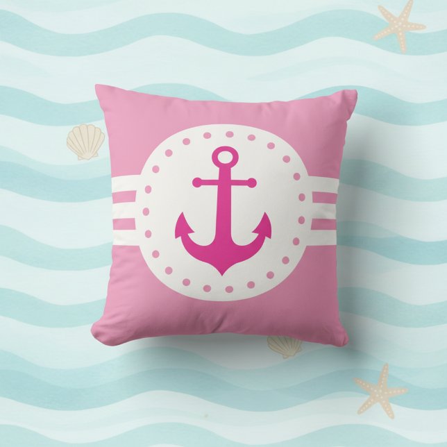 Flickig rosa nautisk ankar kastkudde kudde (Girly pink and white nautical anchor throw pillow.)