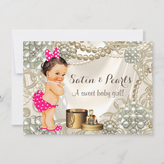 Flickig Rosa Satin Pärlor Babyflicka Bebisdopp Inbjudningar (Framsida)
