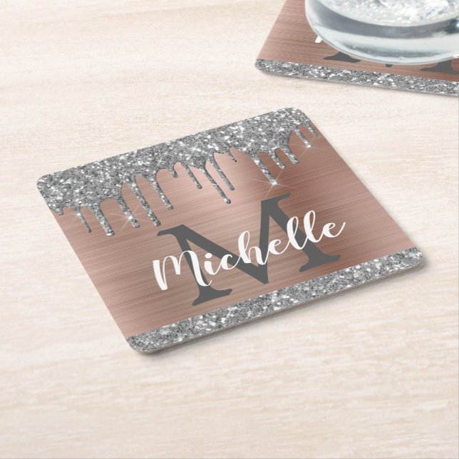 Flickig silver glitterdroppe Roséguld monogram Underlägg Papper Kvadrat (Vinklad)