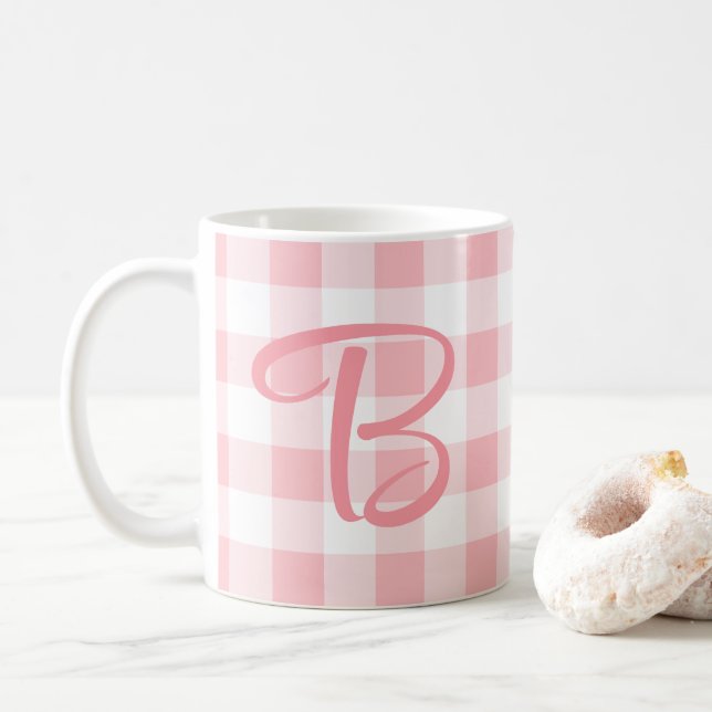 Flickig skräddarsydd monogrammermugg | Rosa rutigt Kaffemugg (Med munk)