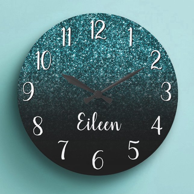 Flickig teal glittrig svart ombré stor klocka (Girly Teal Glitter Black Ombre Large Clock)