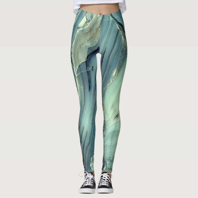 Flickig Trendig Blå Marmorstruktur Leggings (Framsida)