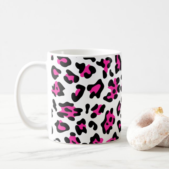 Flickig vit svart och het rosa leopard kaffemugg (Med munk)