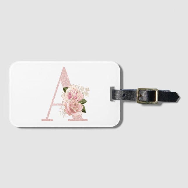 Flickigt blekt roséguld glitter blommig monogram A Bagagebricka (Framsida horisontal)