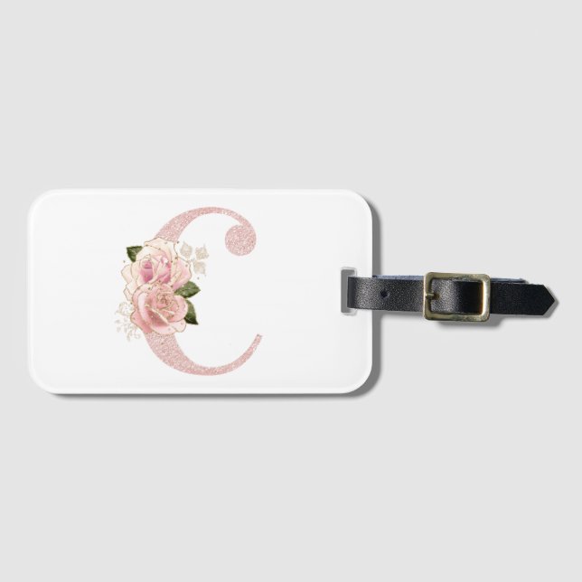Flickigt blekt roséguld glitter blommig monogram C Bagagebricka (Framsida horisontal)