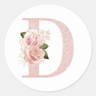Flickigt blekt roséguld glitter blommig monogram D Runt Klistermärke