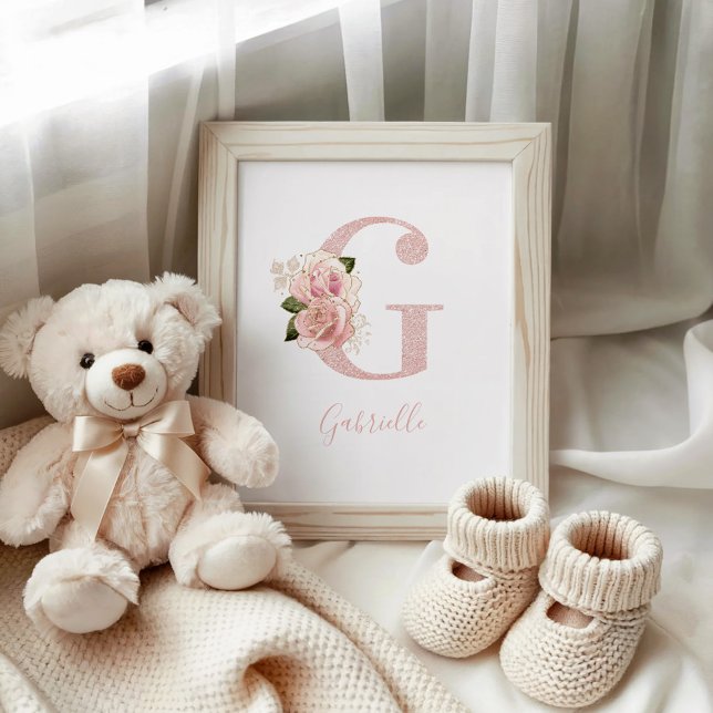 Flickigt blekt roséguld glitter blommig monogram G Poster (Girly Pale Rose Gold Glitter Floral Monogram G Poster)