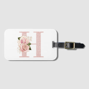 Flickigt blekt roséguld glitter blommig monogram H Bagagebricka