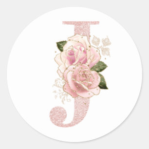 Flickigt blekt roséguld glitter blommig monogram J Runt Klistermärke
