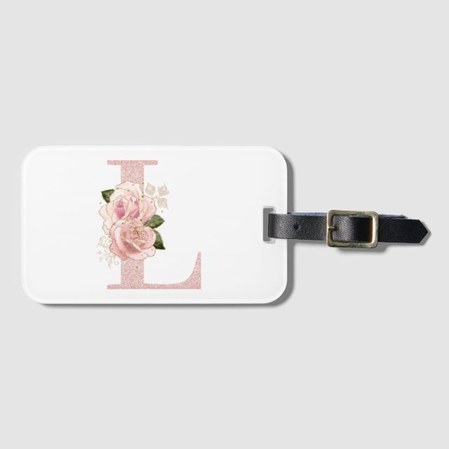 Flickigt blekt roséguld glitter blommig monogram L Bagagebricka (Framsida horisontal)