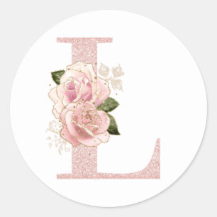 Flickigt blekt roséguld glitter blommig monogram L Runt Klistermärke