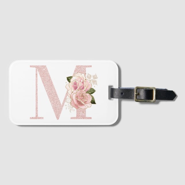 Flickigt blekt roséguld glitter blommig monogram M Bagagebricka (Framsida horisontal)