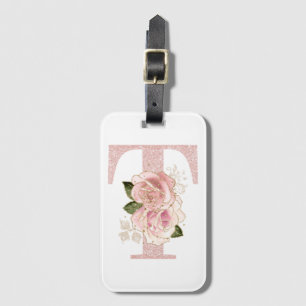 Flickigt blekt roséguld glitter blommig T-monogram Bagagebricka
