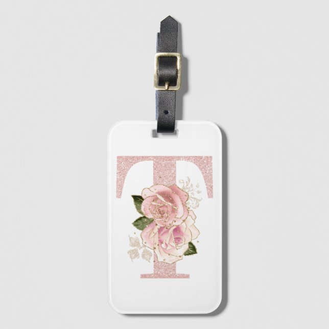 Flickigt blekt roséguld glitter blommig T-monogram Bagagebricka (Framsida vertikal)