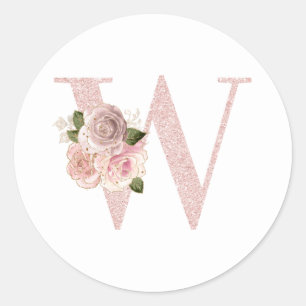 Flickigt blekt roséguld glitter blommig W-monogram Runt Klistermärke