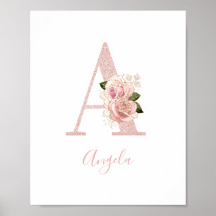 Flickigt blekt roséguld glitter blomster monogram poster