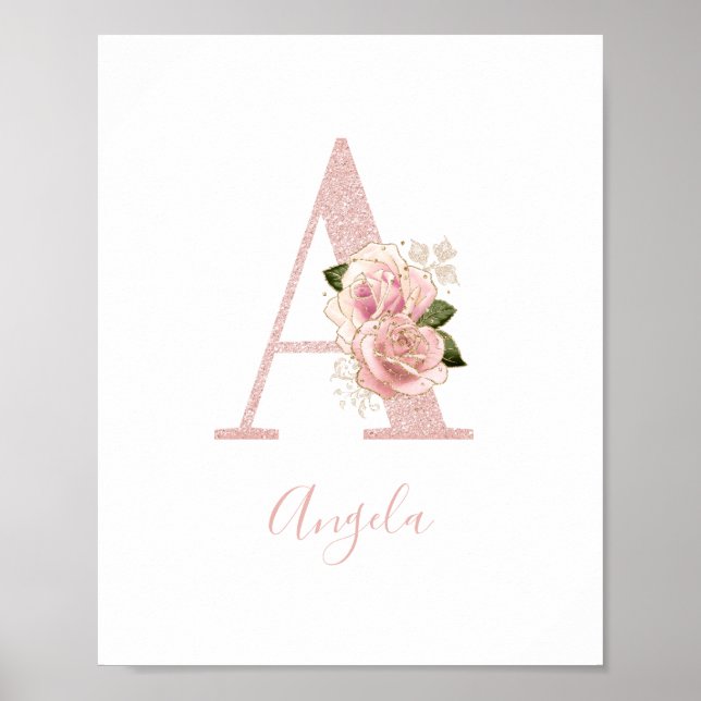 Flickigt blekt roséguld glitter blomster monogram  poster (Framsidan)