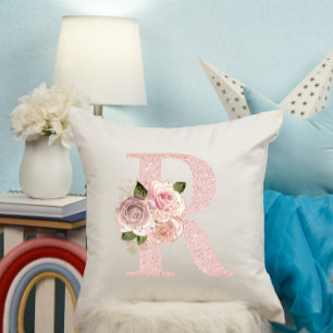 Flickigt blekt roséguld glitter blomsterg Monogram Kudde