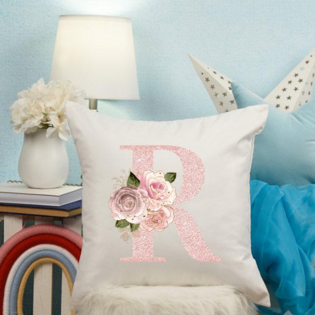Flickigt blekt roséguld glitter blomsterg Monogram Kudde (Rose Gold Glitter Floral R Monogram Throw Pillow)