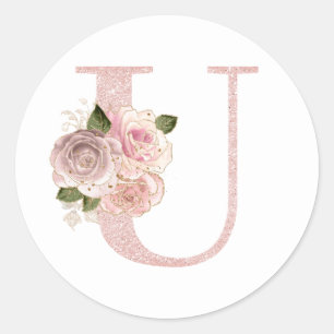 Flickigt blekt roséguld glitter blomsterg Monogram Runt Klistermärke