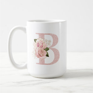 Flickigt blekt roséguld glitter blomstermonogram B Kaffemugg